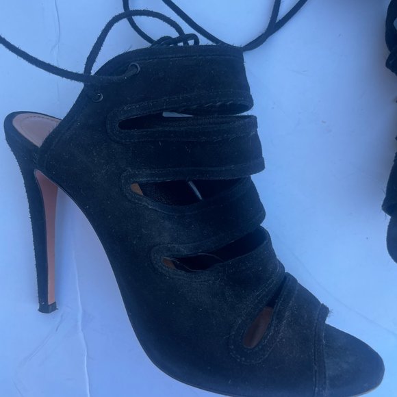 Aquazzura Firenze Slone Peep Toe Bootie Black Suede Sz 35 Slit-Front Lace - Picture 5 of 11